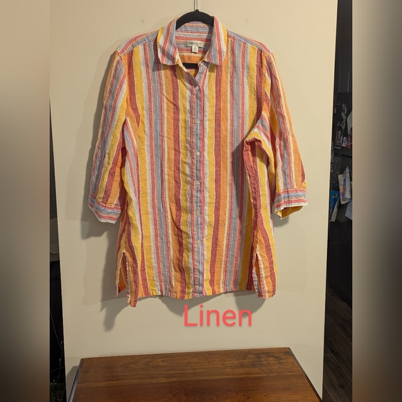 Coldwater Creek Tops - Coldwater Creek sz 2X 100% Linen Yellow, Orange, White Striped Button Up Shirt.